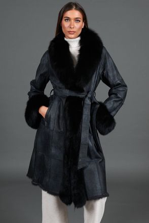 D'Arienzo Cappotto in pelliccia di lapin nappato nero con collo in volpe DArienzo, Seleziona Taglia L, Colore Nero