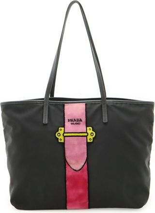 Prada Black Pink Nylon Leather Shoulder Bag Tote Bag (Pre-Owned)