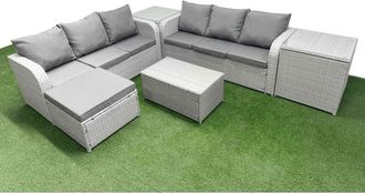 Fimous Outdoor Garden Furniture Sets 7 Seater Wicker Rattan Furniture Sofa Sets with Rectangular Coffee Table high Back Lounge Sofa Big Footstool Light Grey