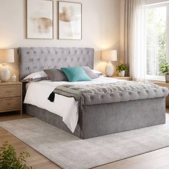 Aspire Home Accents Mayfair Chesterfield Sleigh Ottoman Velvet Bed Frame in Grey | Size: Small Double