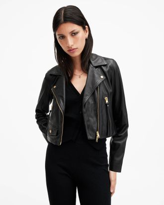 AllSaints Leather Elora Cropped Slim Leather Biker Jacket, Size: UK 10/US 6