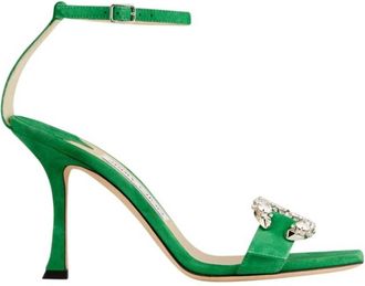 Jimmy Choo London Marsai 90 Suede Crystal-Buckle Sandals, Brand Size 34.5 ( US Size 4.5 )
