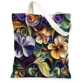 Generic Spring Quilting Paper Pansy Flower Canvas Tote Bag for Shopping 13x15, Floral Wildflower Reusable Grocery Print Bag for Women, Garden Beach Aesthetic 