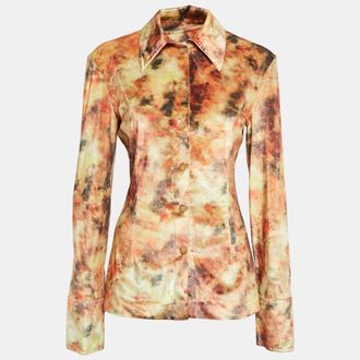 Nanushka Orange Hazy Floral Print Stretch Velvet Shirt