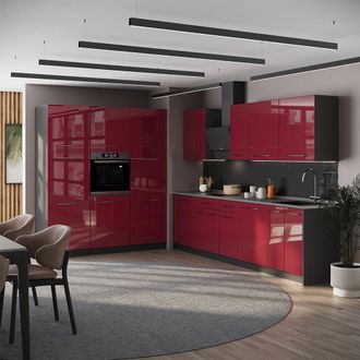 Vicco Mueble De Cocina Fame-line, Rojo Burdeos Alto Brillo/antracita, 460 Cm Sin Encimera, Vicco