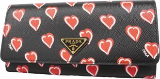 Prada Black Red Color Leather Long Wallet (Bi-Fold) (Pre-Owned)