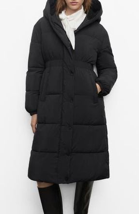 Mango Quilted Hooded Coat with Faux Shearling Trim in Black at Nordstrom Rack, Size Small