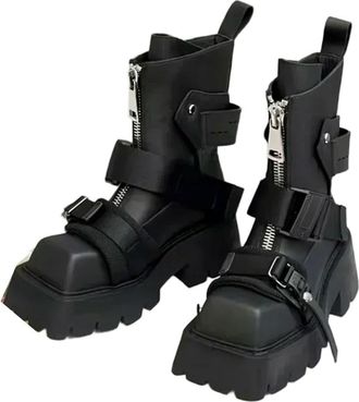 Generic QXDZSW Ankle Boots Women Zip Belt Buckle Strap Design Motorcycle Boots Thick Bottom Non-Slip Platform Black