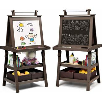 Costway Costway - 3 in 1 Cavalletto per Bambini con Doppia Faccia, Cavalletto per Disegno con 2 Vassoi e 2 Scatole, Lavagna Bambini in Legno (Caff&egrave;)