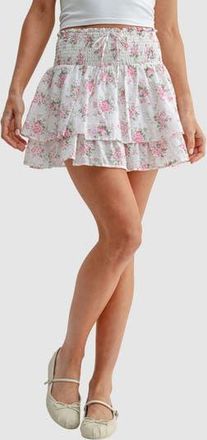 Lush Smocked Waist Ruffle Miniskirt in White Pink Floral at Nordstrom Rack, Size X-Small