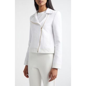 St. John Leather Trim Matte Cotton Tweed Zip Jacket in Bright White at Nordstrom, Size 6