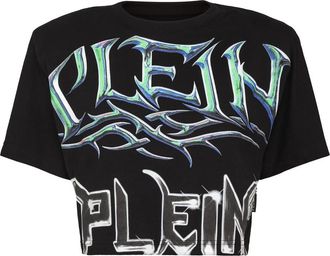 Philipp Plein Top met Gewatteerde Schouders en Letterprint - Dames - T-shirts - Zwart - M - Katoen - Tops
