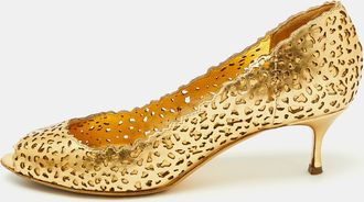 Sergio Rossi Metallic Gold Laser Cut Leather Open Toe Pumps