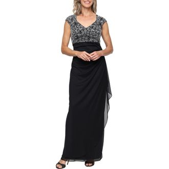 Alex Evenings Cap Sleeve Empire Waist Evening Gown in Black White at Nordstrom, Size 16
