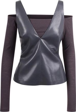 Nanushka Tops, Dames, Grijs, M, Wol, Gelaagde Leren Top met Wollen Bralette
