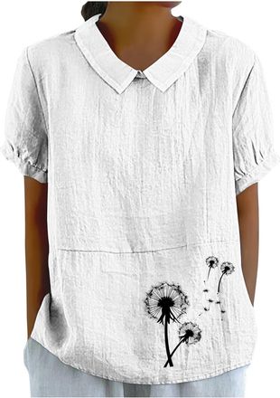 Generic Linen Shirts for Women UK Summer Lightweight Short Sleeve Tshirts Cute Collared Tops Boho Casual Blouses