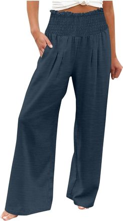 Generic Wide Leg Trousers for Women UK Cotton Linen Trousers Smocked Elasticated Waist Ladies Palazzo Pants with Pockets Casual Smart Summer Clothes for Women