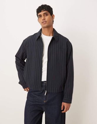 Asos Giacca harrington elegante blu navy gessato-Grigio