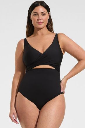 Lands End Plus Size Wrap Monokini High Leg One Piece Swimsuit in Black at Nordstrom, Size 26W