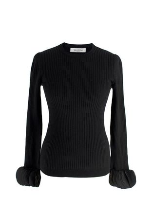 Valentino Garavani Valentino Black Silk Georgette-Trimmed Ribbed Stretch-Knit Sweater Size S