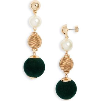 Nordstrom Orb Velvet & Faux Pearl Drop Earrings in Dark Green- Gold at Nordstrom Rack