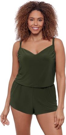 Aqua Green V-Neck Blouson Slimming Swimsuit Romper with Pockets in Malachite at Nordstrom, Size X-Large
