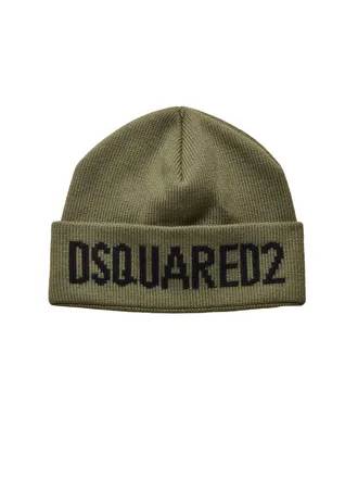 Dsquared2 Knitted Wool Beanie Hat With Folded Cuff And Bold Lettering
