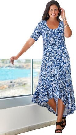 Jessica London Stretch Knit Flounce Hem Maxi Dress in Dark Sapphire Scroll Medallion at Nordstrom, Size 12