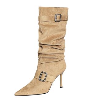 Generic High Boots Women Sexy Pointed Toe Fashion Pleats Slouch Long Tall Boots 9CM Faux Suede Work Office (Khaki,5.5)