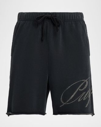 Purple Men & apos;s Cotton Fleece Raw-Edge Rhinestone Logo Shorts