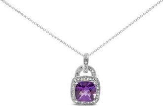 House of Brilliance Silver 10X10 MM Cushion Purple Amethyst and Diamond Accent Halo Pendant Necklace in White at Nordstrom