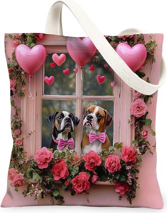 Generic Valentines Day Cavachon Dog Canvas Tote Bag for Shopping 13x15, Window Couple Puppy Reusable Grocery Print Bag for Women, Pet Beach Aesthetic Painting