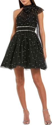 Mac Duggal Pearl Embellished Tulle Tie Neck A Line Mini Dress in Black Ivory at Nordstrom, Size 12