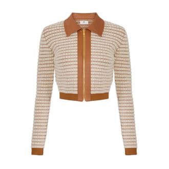Elisabetta Franchi Tweed Jackets, female, Beige, Size: S Chenille Cardigan with Waffle Stitch