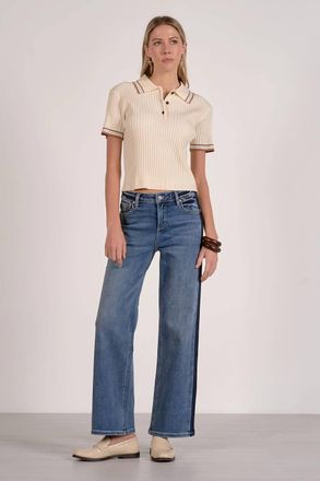 Elan Ribbed Collared Short Sleeve Sweater In Cream