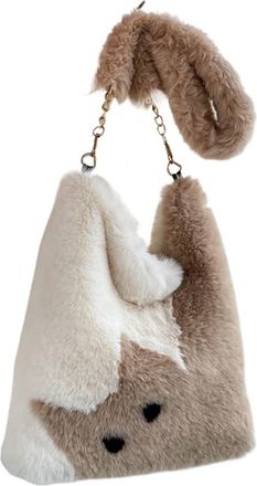 Generic Womens Plush Bags Cute Cat Pattern Shoulder Bag, Autumn Winter Plush Tote, Cartoon Color Contrast Large Capacity Diagonal Handbag(Khaki)