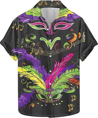 Generic Mens Casual Fashionable Loose and Trendy 3D Printed Collar Short Sleeved Shirt Dress Shirt Men (Black, L)