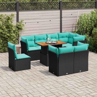 vidaXL Vidaxl Set De Sof&aacute;s De Jard&iacute;n Con Cojines 9 Pzas Rat&aacute;n Sint&eacute;tico Negro