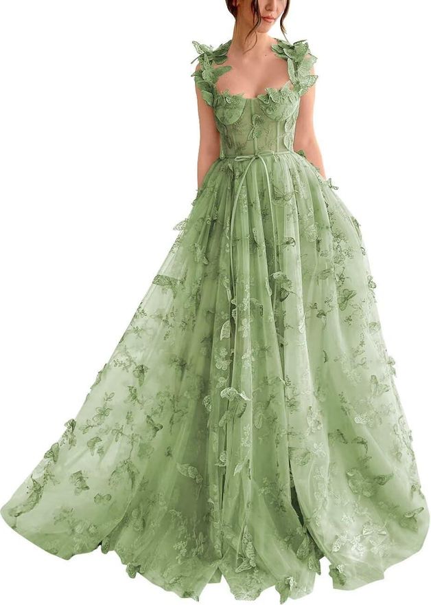 Womens Tulle Prom Dresses Long Lace Applique Ball Gown 3D A Line Butterfly Formal Evening Party Gown with Slit Sage Green XXS