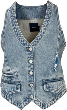 Denham Geborduurde Vest met Parels V-Hals Denim - Dames - Bodywarmers - Blauw - S - Denim - Jassen