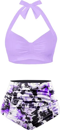Holipick Women High Waisted Bikini Set Two Piece Swimsuit Tummy Control Bathing Suit Vintage Halter Swimwear, Purple and Floral, Medium