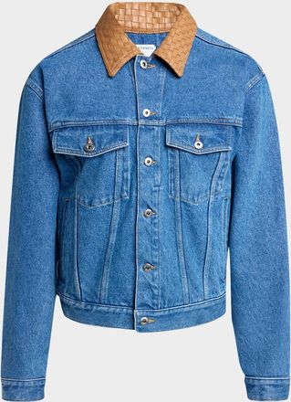 Bottega Veneta Men & apos;s Intrecciato-Leather Collar Denim Jacket
