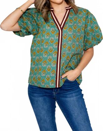 THML Clothing Floral Puff Sleeve Top In Mint