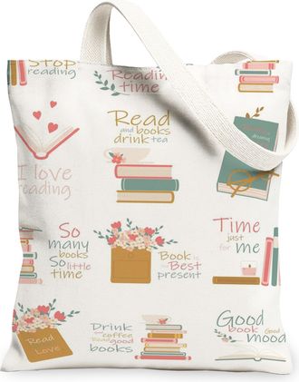 Generic Floral Vintage Canvas Tote Bags, Reading Theme Lightweight Washable Grocery Bags, Reusable Book Lover Shoulder Strap Canvas, Beige, 13x15 Inch