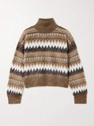 Brunello Cucinelli Pullover Cropped A Collo Alto In Maglia Spazzolata A Intarsio - Marrone