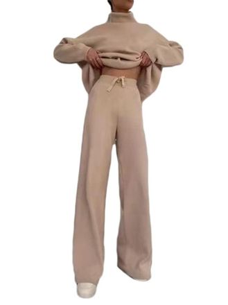 Minetom Tuta da Ginnastica Donna Tute Pullover a Collo Alto Maglione + Pantaloni Set Training Sportivo a Maglia Completo Sportswear 2 Pezzi A Cachi XXL