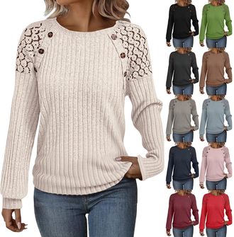 Generic Womens Fall Lightweight Sweaters Dressy Casual Long Sleeve Pullovers Crew Neck Lace Tops Winter Fashion Clothing White,M