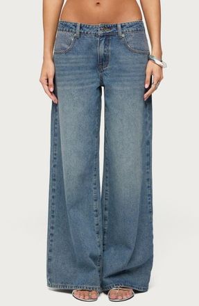 Edikted Rhinestone Low Rise Wide Leg Jeans in Light-Blue-Washed at Nordstrom, Size X-Large