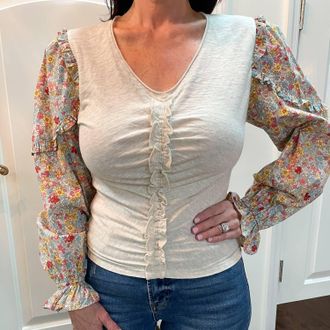 Merci Flirty Ruffles Blouse In Ivory Floral