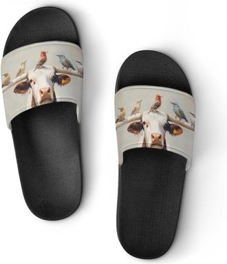 Generic Longhorn Cow with Birds Shower Shoes Slipper for Women Men Beach Slippers Quick Drying Non Slip Open-Toe Sandals